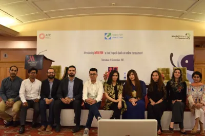 Image: Teams of MMfD and Code for Pakistan launched Muavin application in Islamabad, 13 September. Source: MMfD image linking to Muavin, a community-based solution for fighting online harassment in Pakistan
