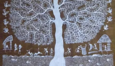Image: Warli art depicting tree foliage and people doing different things below the shade. Photograph source: Authors image linking to New age women: Women and their approach towards internet connectivity in rural India