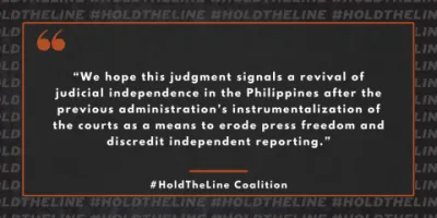  image linking to Hold The Line Coalition welcomes acquittal of Maria Ressa and Rappler, calls for all remaining cases to be dropped  